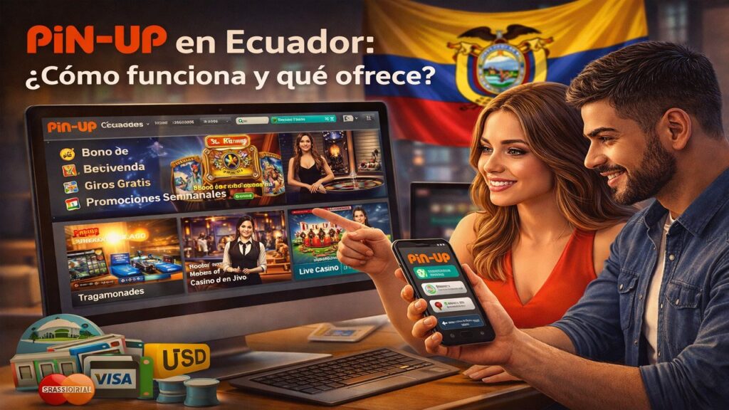 Pinup en Ecuador cómo funciona y qué ofrece, usuarios revisando el sitio oficial, funciones disponibles, juegos y opciones desde computadora y móvil