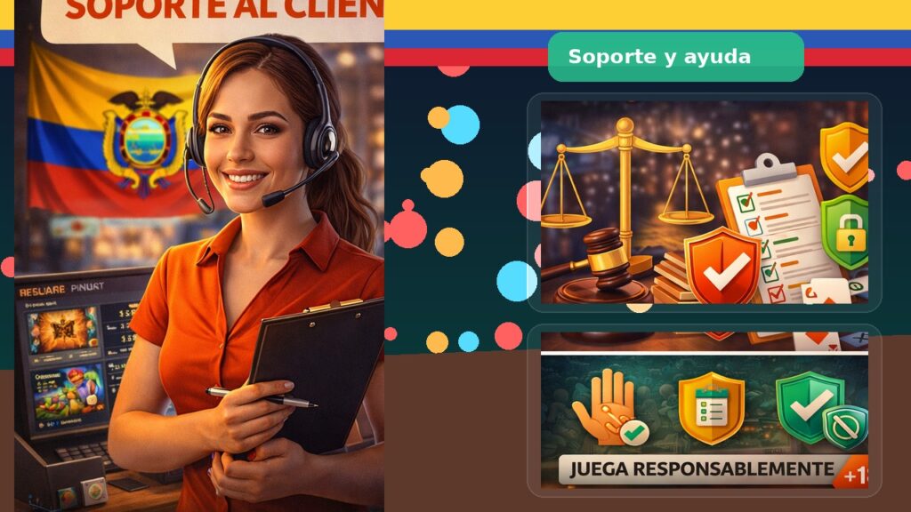 Soporte al cliente y ayuda en pinup Ecuador, con términos, seguridad y juego responsable presentados en una escena digital de atención y protección al usuario